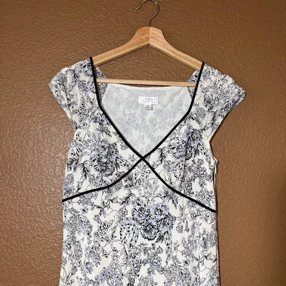 LOFT 90s Silk Babydoll Floral MIDI Dress Sz 6 Black White Blue Flowy Fairy Y2K - Picture 3 of 12
